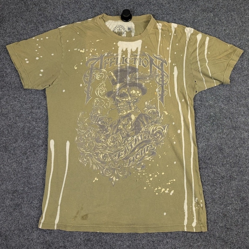 Affliction Live Fast Skull Graphic T-Shirt XL Olive Green Bleach Drip Y2K MMA